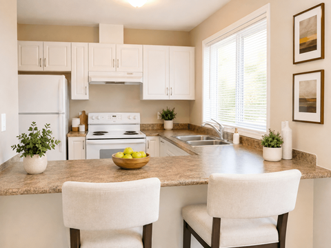 A kitchen with white cabinets and a granite countertop.