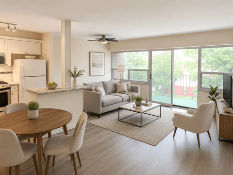 A modern living room with a dining table and chairs.