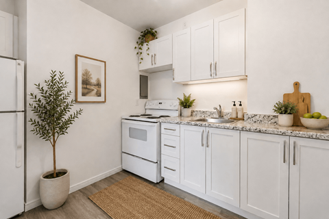 A kitchen with white appliances and cabinets, a potted plant, and a framed picture on the wall.