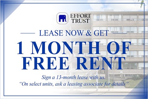A sign advertising a 1 month free rent offer from Effort Trust.