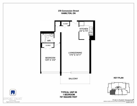 A floor plan for a 1 bedroom apartment at 370 Concession Street, Hamilton, ON.