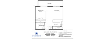 A floor plan for a 21 Duke Street apartment shows a living room, a bedroom, a kitchen, and a washroom.