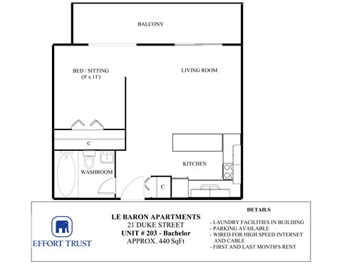 A floor plan for a 21 Duke Street apartment shows a living room, a bedroom, a kitchen, and a washroom.