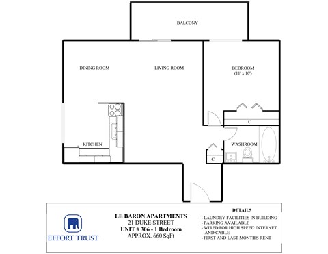 A floor plan for a 1 bedroom apartment at Le Baron.