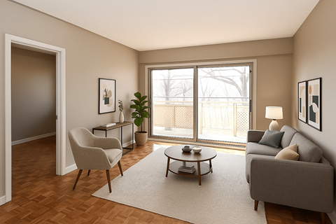 A living room with a grey couch, a coffee table, a chair, and a potted plant.
