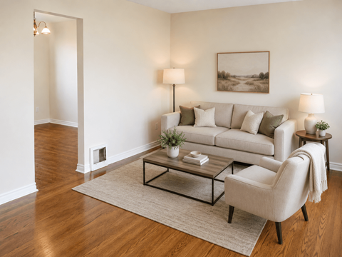 A living room with a couch, chair, and coffee table.