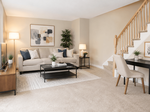A living room with a beige couch, a black coffee table, a white chair, and a staircase.