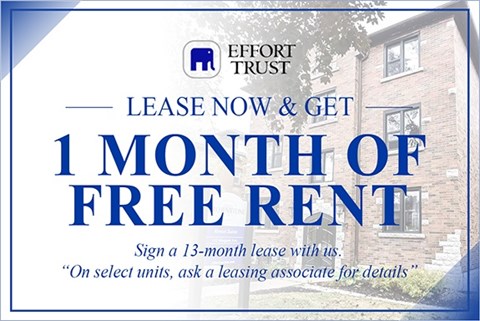 A sign advertising a 1 month free rent offer from Effort Trust.