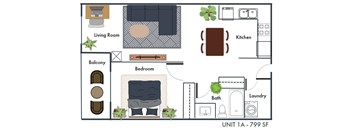 A floor plan of a one bedroom apartment with a living room, kitchen, bathroom, and balcony.