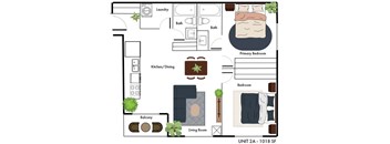 A floor plan of an apartment with a living room, kitchen, two bedrooms, and a balcony.