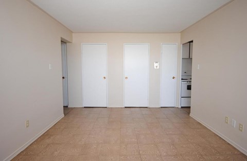 A room with three white doors and a kitchen area in the background.
