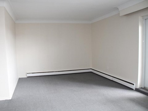 A room with a grey carpet and white walls.