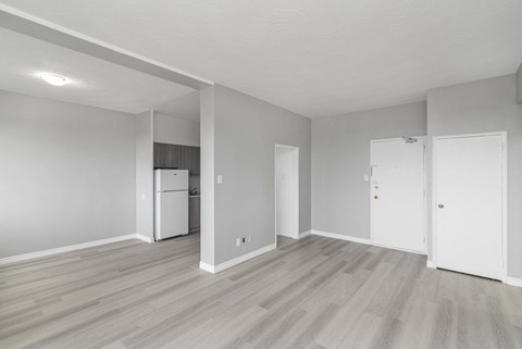 A spacious room with a white fridge and a white door.