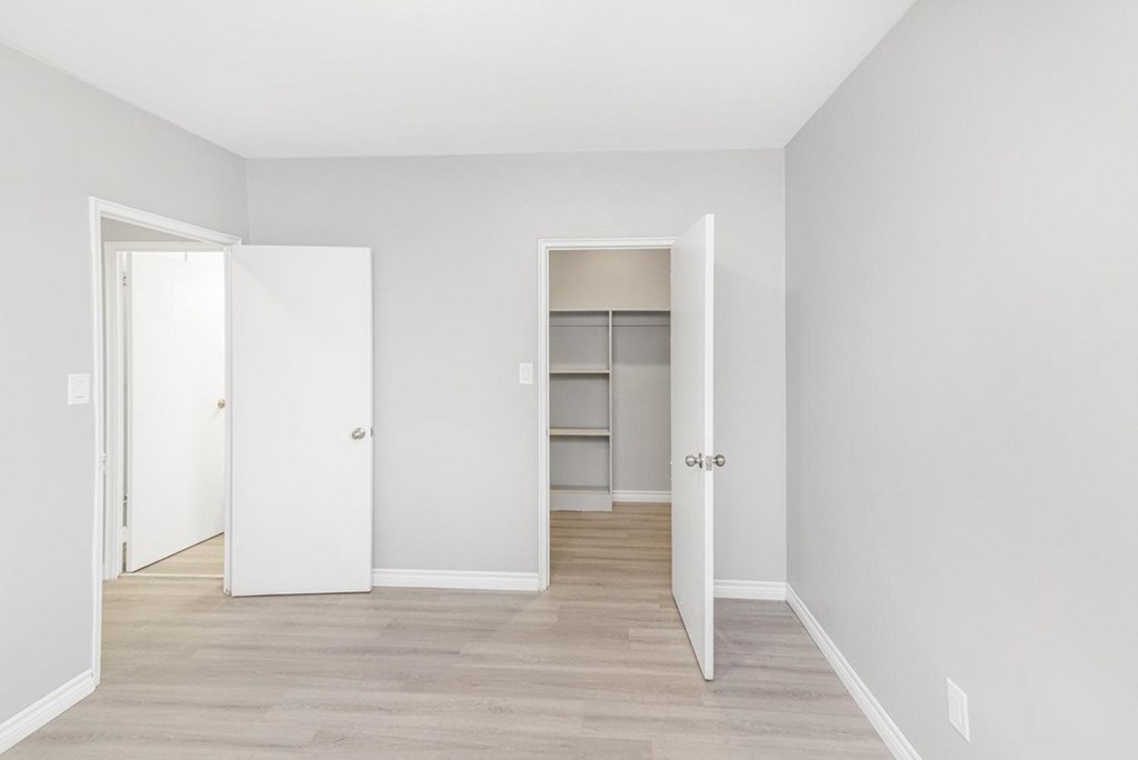 A white door is open to a room with a white wall and a white closet with shelves.