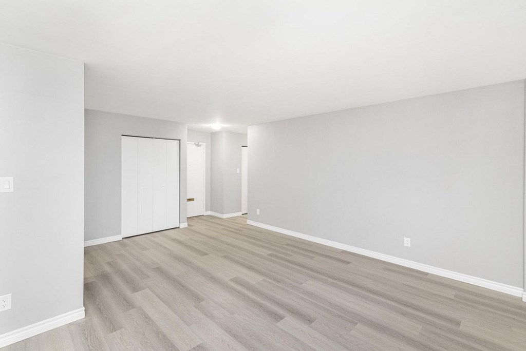 A room with light wood flooring and white walls.