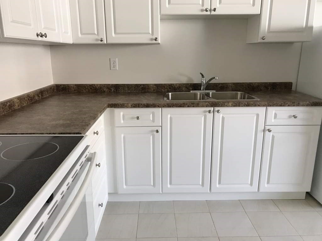 A kitchen with white cabinets and a granite countertop.
