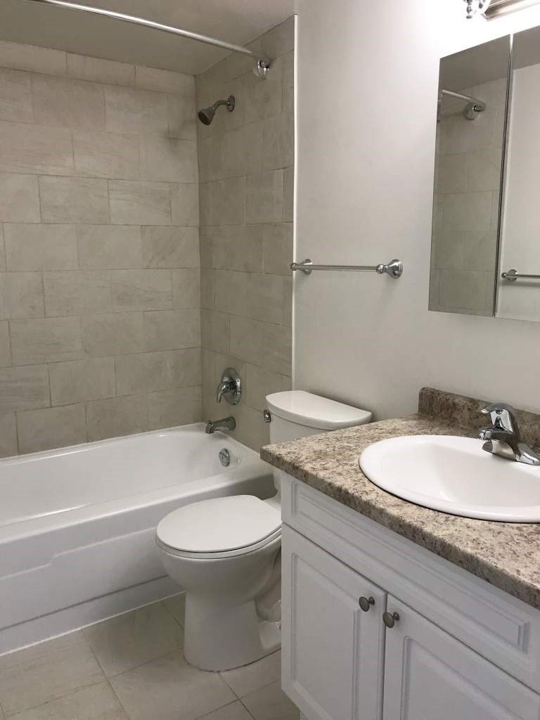A white toilet sits next to a bathtub in a bathroom.