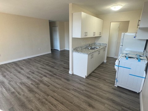 A room with a kitchenette and a refrigerator.