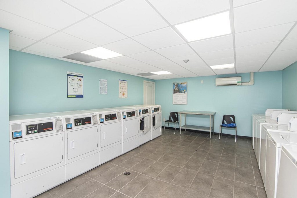 A laundromat with washers and dryers lined up on the wall.