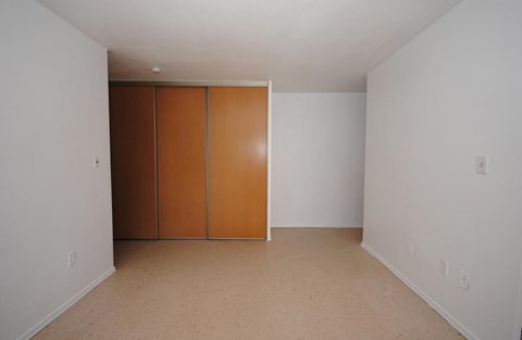 A room with a white wall and a brown wardrobe.