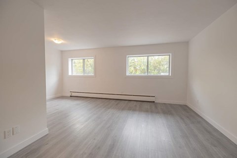 A room with two windows and a radiator on the wall.