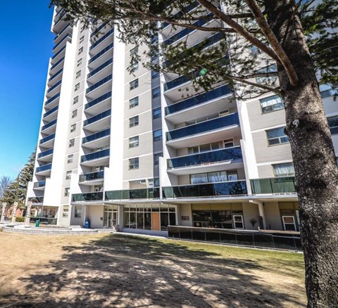 A tall white and blue apartment building with a tree in the foreground.