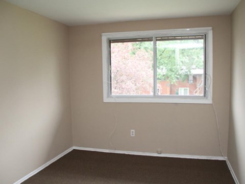 A room with a window and a brown carpet.