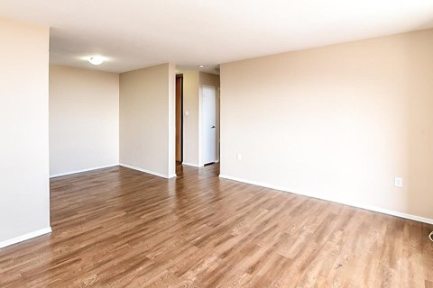 A room with wooden flooring and a door.