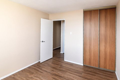 A room with a white door and a brown wardrobe.
