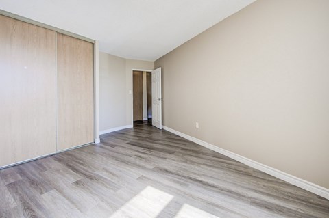 A room with a wooden floor and a white door.