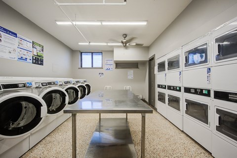 A laundromat with a row of washers and dryers.