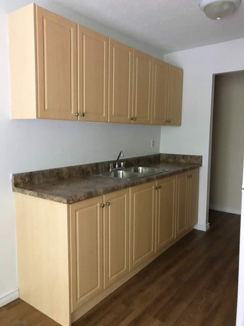 A kitchen with wooden cabinets and a granite countertop.