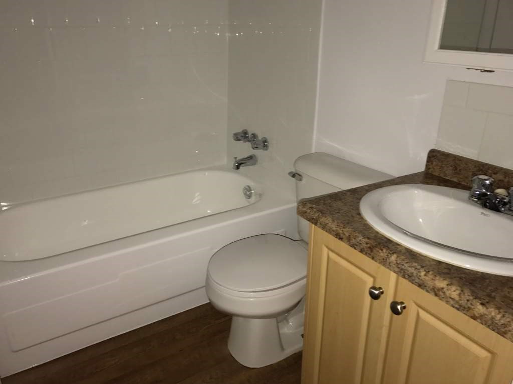 A white toilet sits next to a bathtub in a bathroom.