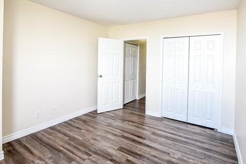 A room with a white door and a white closet.