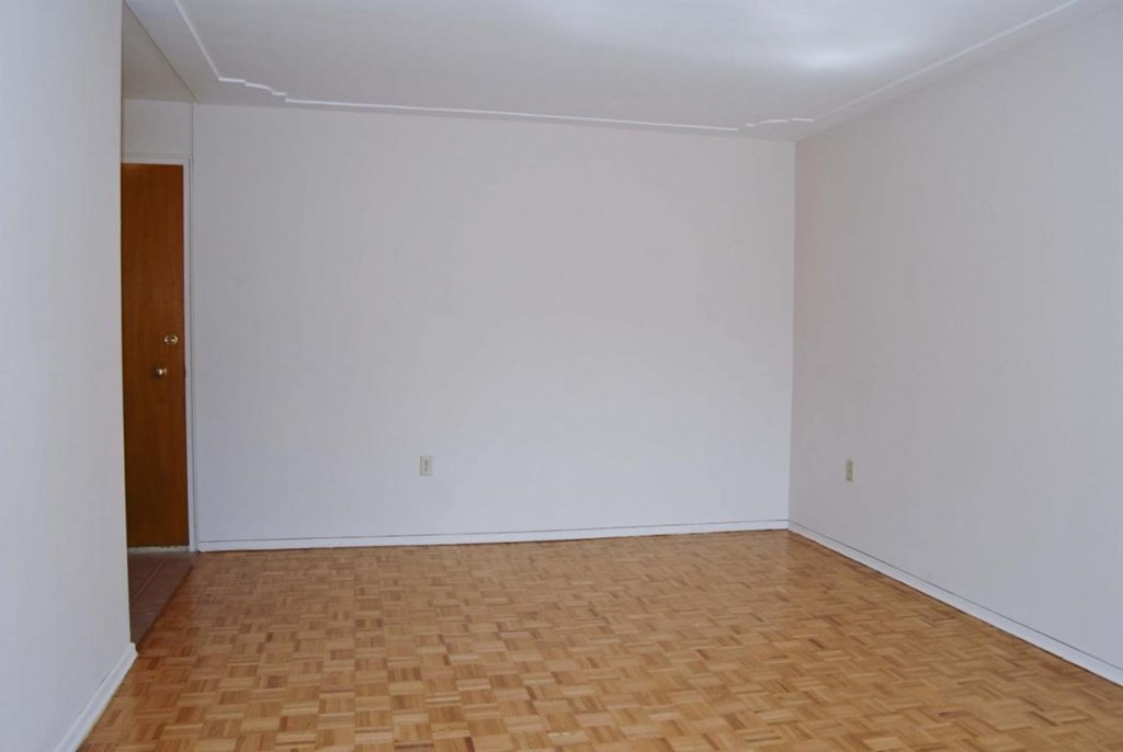 A room with a wooden floor and a brown door.