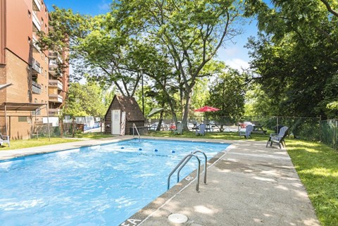 A swimming pool surrounded by trees and a grassy area.