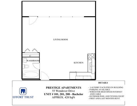 A floor plan for a living room, kitchen, and washroom.