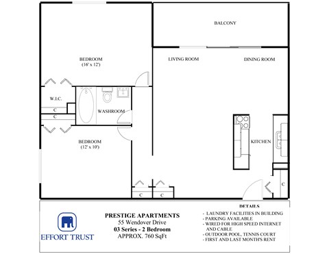 A floor plan for a 2 Bedroom Apartment at Prestige Apartments.