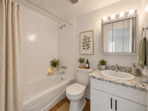 A white bathroom with a toilet, sink, and a shower.