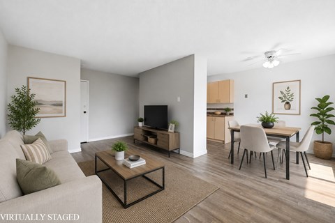 A living room with a couch, a coffee table, and a television.