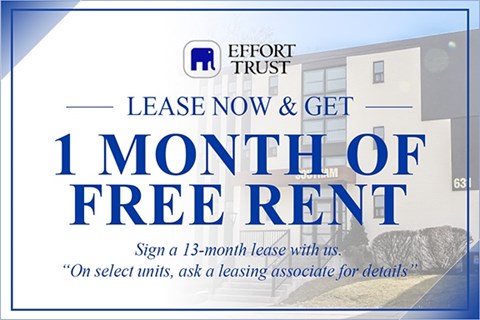 A sign advertising a 1 month free rent offer from Effort Trust.