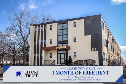 A building with a sign that says "Effort Trust" and "1 month of free rent".