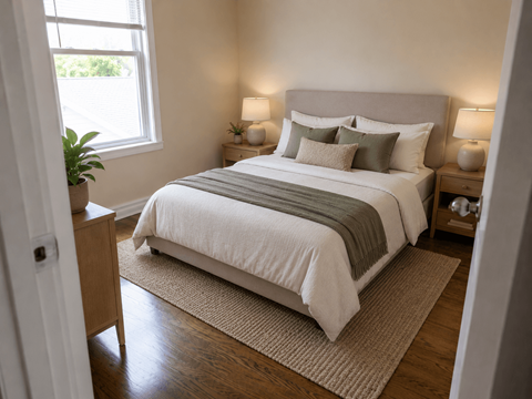 A bedroom with a large bed and a window.