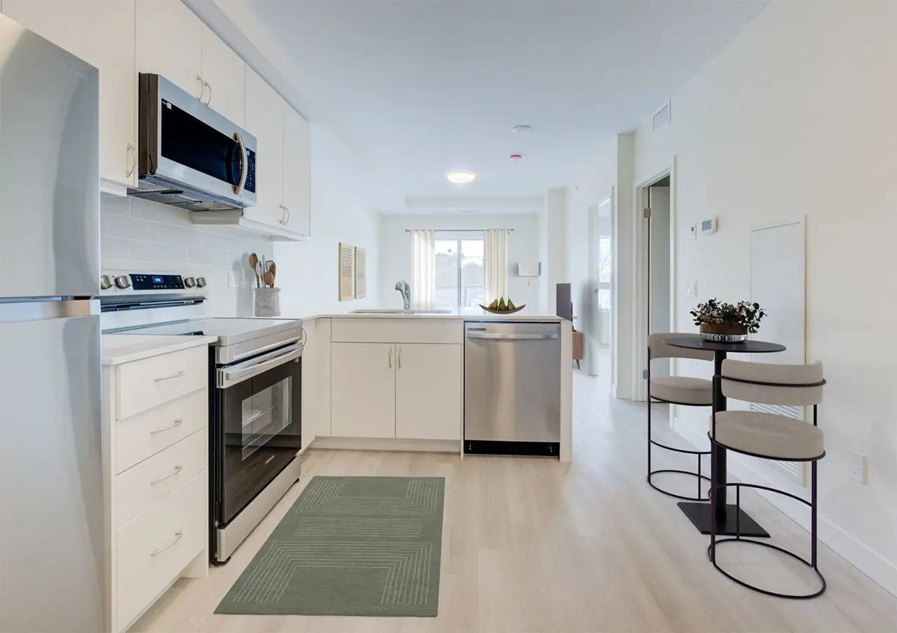 A modern kitchen with white cabinets and stainless steel appliances.