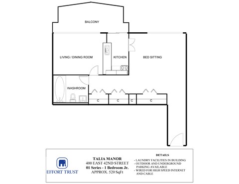 A floor plan for a Talia Manor apartment shows a living room, dining room, kitchen, bed sitting and a washroom.