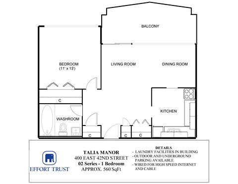 A floor plan for a 1 bedroom apartment at Talia Manor.