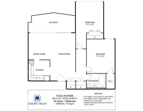 A floor plan for a Talia Manor apartment shows a living room, dining room, kitchen, and three bedrooms.