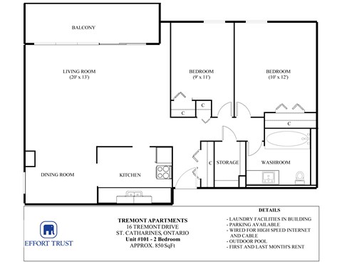 A floor plan of a Tremont Apartment with details about the building.
