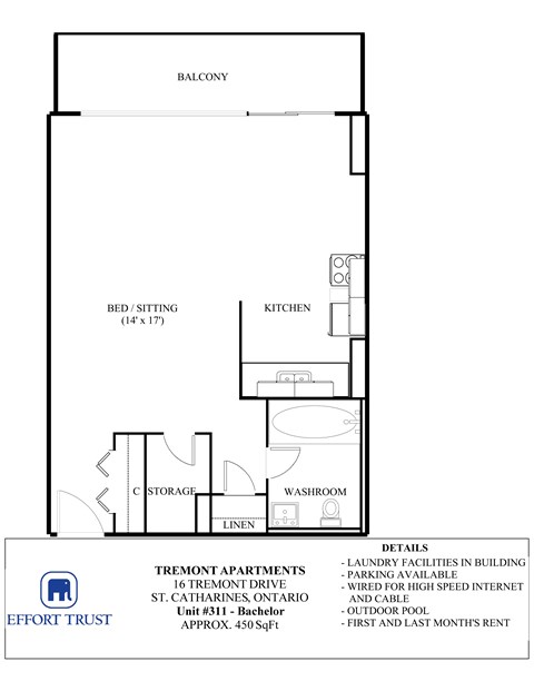 A floor plan for a one bedroom apartment with a balcony.