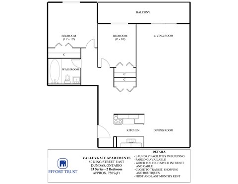 A floor plan of a Valliant Apartments unit showing a living room, two bedrooms, a washroom, a kitchen and a dining room.